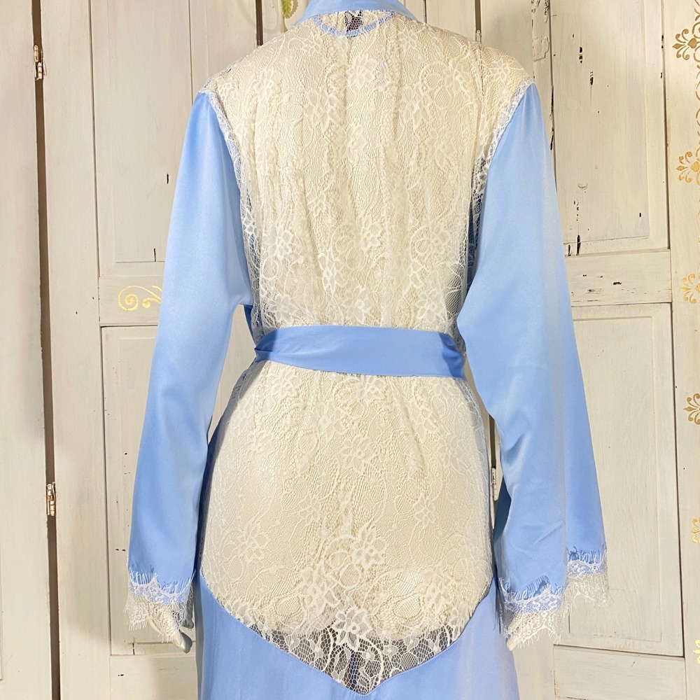 Fredericks‎ of Hollywood Blue Satin Lace Back Robe L Bridal Lingerie Loungewear - Picture 4 of 7